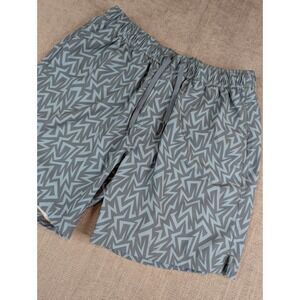 Bear Bottom Swim Trunks Mens L Blue Mesh Lined 7' Shorts Geometric AOP
